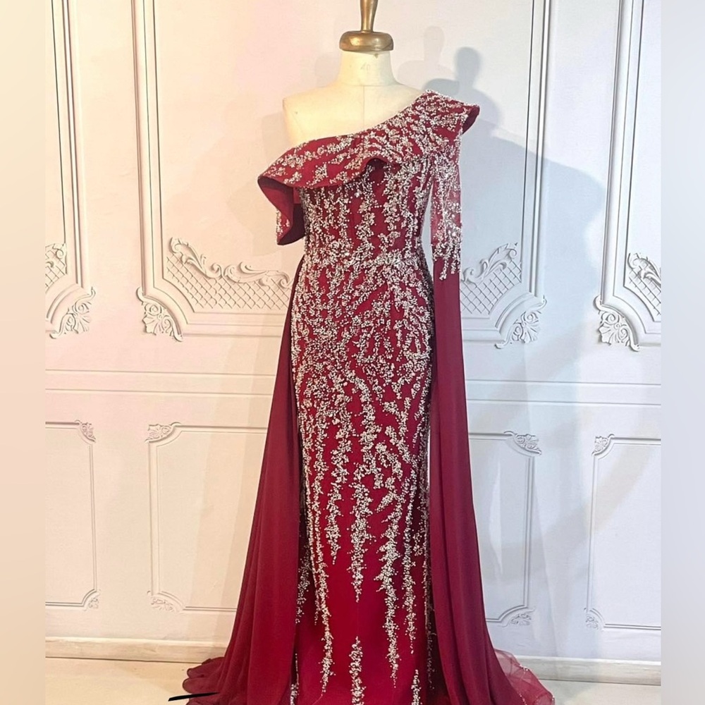 Custom made stunning beaded gown burgundy and silver fit size 8